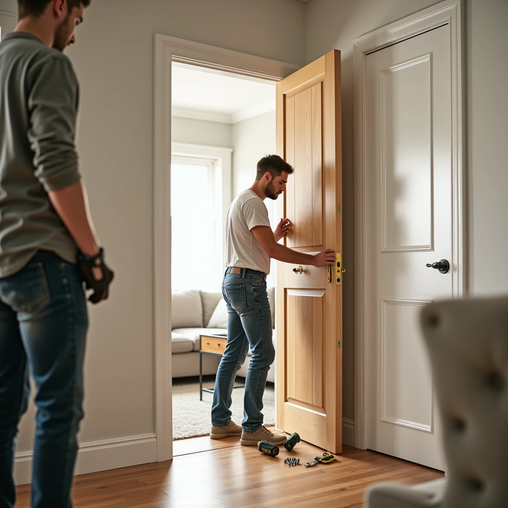 A realistic and professional scene showing the installation of an interior door on a weekend. The setting is a bright, modern home with natural daylight streaming in, indicating a relaxed weekend atmosphere. A skilled worker, dressed in casual yet professional work attire, is carefully aligning and securing the door into the doorway. Tools such as a level, drill, and screws are visible, either in the worker's hands or neatly laid out nearby. The homeowner, casually dressed, may be observing or assisting, contributing to the weekend DIY feel. The scene captures the balance of professional workmanship with a laid-back, weekend vibe. The background shows a clean, organized home interior, emphasizing a high-quality installation process.