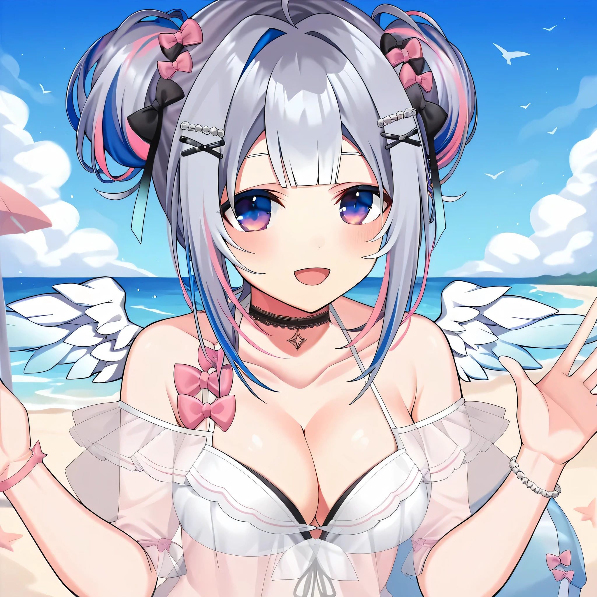 kanatan_swm,
1girl,
solo,
hair ornament,
smile,
sleeves past wrists,
hair bow,
bow,cleavage,large breasts,leaning forward,ocean,beach,parasol,blue sky
angel wings,
open mouth,
swimsuit,
choker,large breasts,sexy