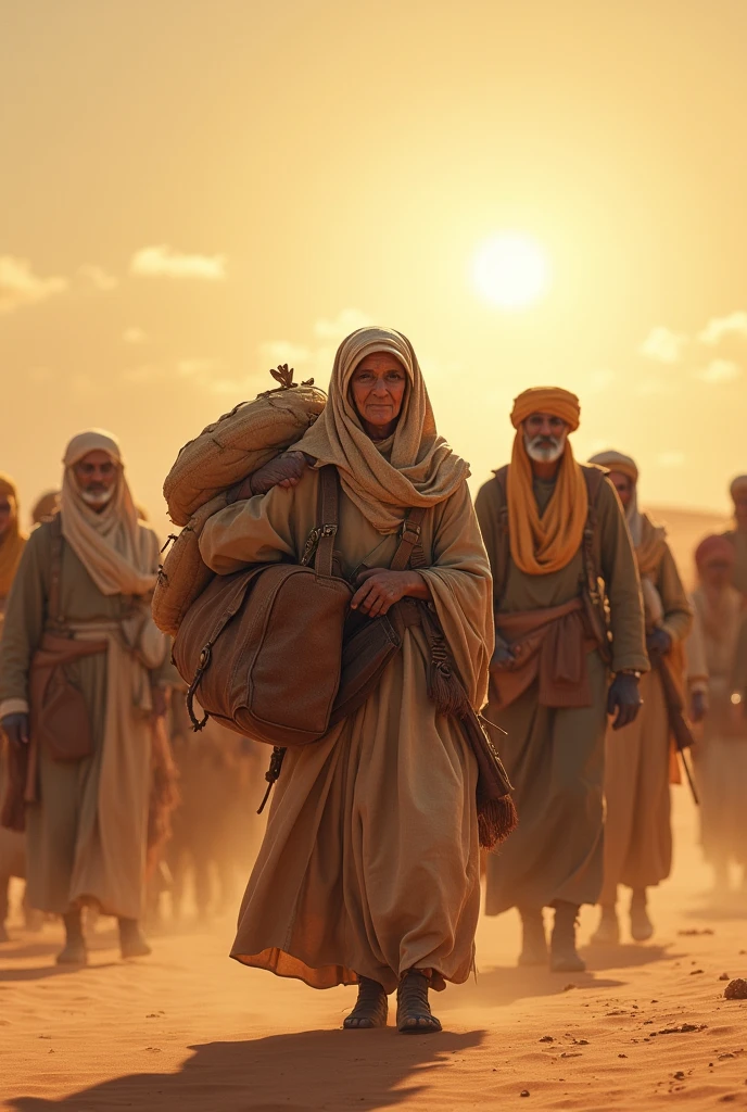 Many people are walking in a row across the Arabian desert. They are accompanied by a few women. Behind them all stands an old woman carrying a heavy bag.
The position of the old woman will dominate the scene.
They were wearing Arabic clothes.
The sun has risen in the eastern sky and a chill is flying in the sky.
They had different putlis on their heads and hands. Some camels were with them.