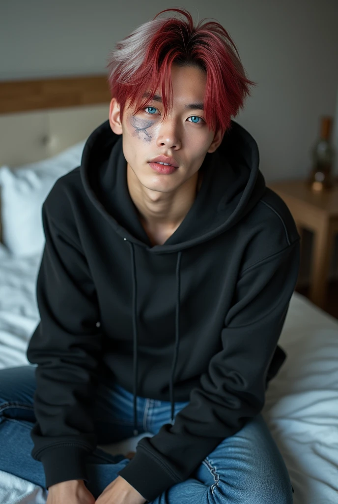 (photorealism:1.2) hot young man, no facial hair, asian, perfect face, pale skin with burn on left eye, heterochromia eyes, one blue eye, one grey eye, half red half white hair, sleek shiny hair, bangs, boy sitting on bed with oversized hoodie, 1st degree burn on left eye