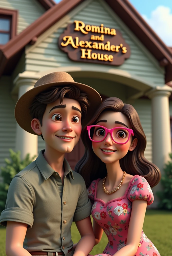 (photorealism:1.2), a couple, The girl with pink frame glasses and flower dress, the boy with a shirt and a hat sitting in front of his house, With a sign that says "Romina and Alexander's House" but more showy