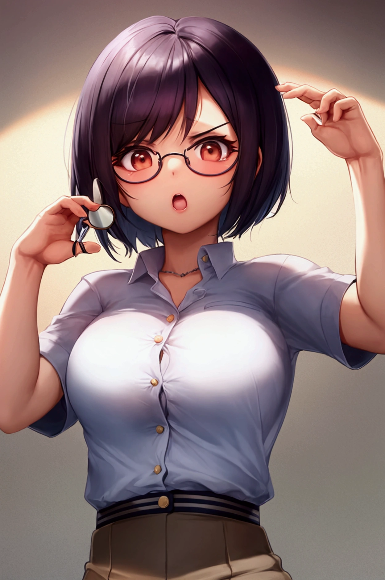 A Thai female with short hair, round sunglasses, wearing a university uniform she made a very shocked expression