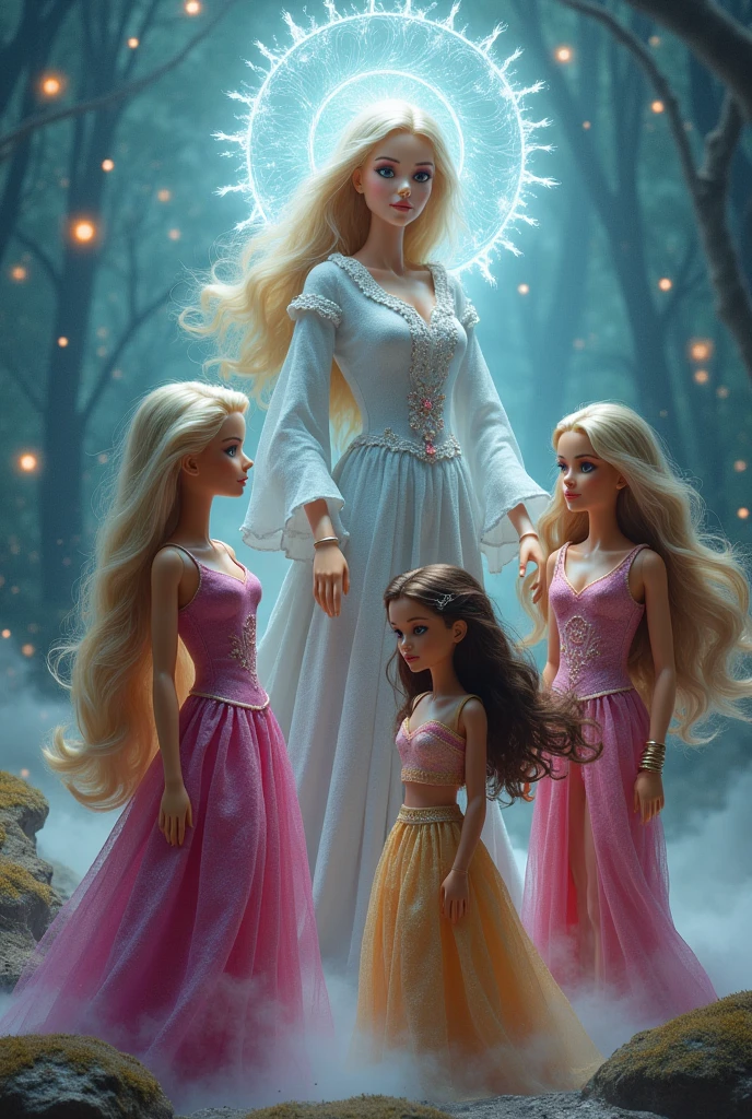 Generate an image where the Barbies are accompanied by Maria Kumpel