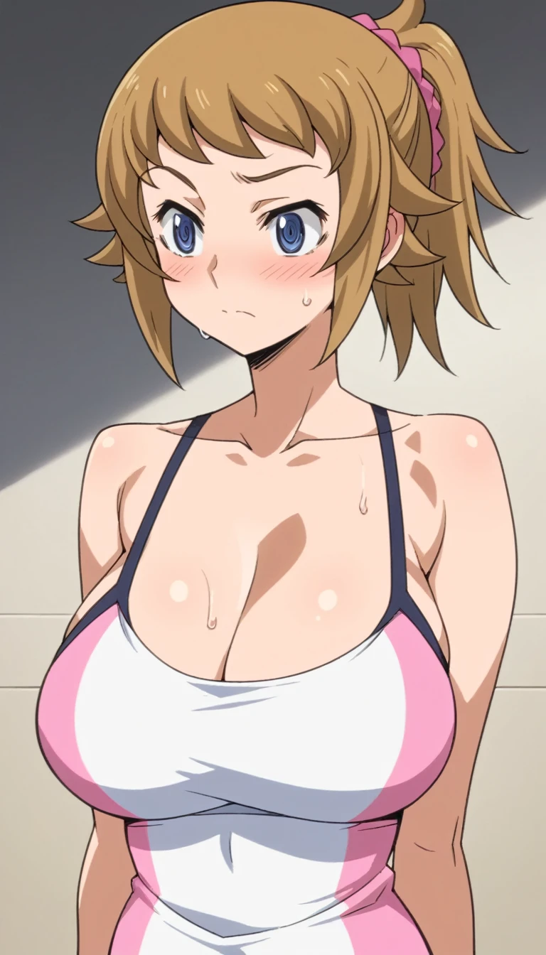 Score 9, Score 8 up, Score 7 up, The evaluation is questionable,
Detailed Background, Glowing Skin,fumina hoshino, hoshino fumina, Blue eyes, brown hair, ponytail, scrunchie, Huge breasts、blush、Sweat、In the heat,{Highest quality}, {so beautiful}, {Very detailed}, {Best illustrations},Life、slim:1.5、Camisole long maxi dress(tight)、Are standing