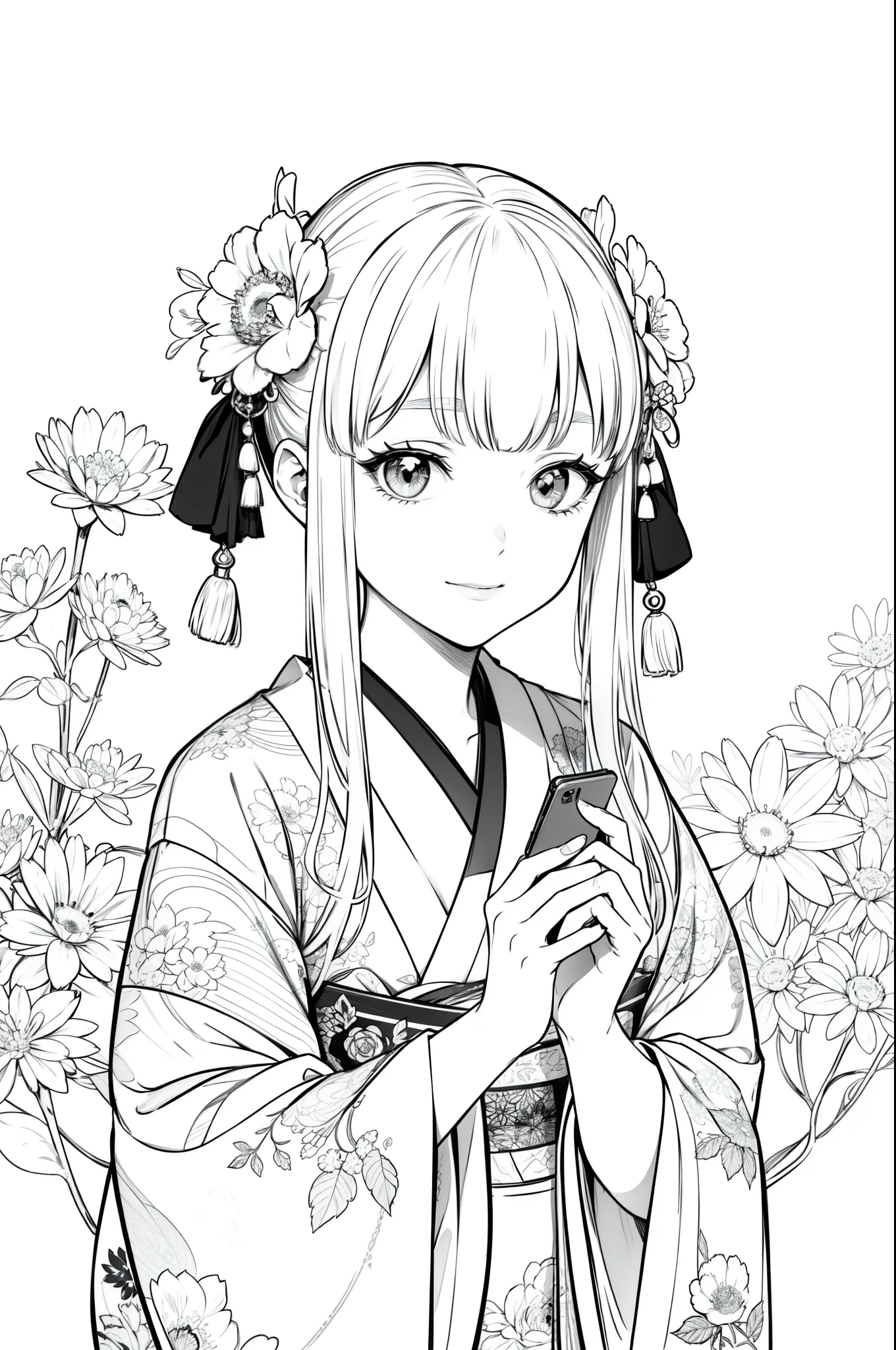 Masterpiece, top class, unique, cute, flowers, line drawing background, white background, monochrome, line drawing, ((sketch)), creepy, white eyes, create a monochrome coloring book that even adults can easily do, a realistic and cute ukiyo-e of a smiling girl wearing a kimono with Mt. Fuji in the background, holding a smartphone in one hand, conveying Japanese culture.