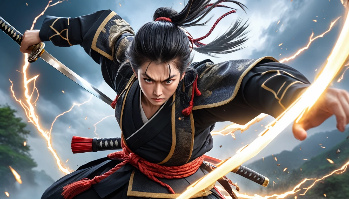 Realistic photos, RAW Photos, (the strongest samurai), (shining sword), attacks viewer, Powerful movements, jump on prey, ((Dynamic jump)), 
the strongest samurai approaching from above, sudden approach, Bad-tempered, dynamic Shot from grand, lightning magic,High resolution, masterpiece, Highest quality, Intricate details, Very detailed, Clear focus,texture, Delicate eyes, Professional, 4K,Shallow and deep, Kodak Vision Color, Exactly, Very detailed, photograph_\(Extremist\), photographpractical, practical, Post-processing, Maximum details, Roughness, Real Life, Extremist practical, Photorealism, photographgraphy, 8K Ultra HD, photographgraphy