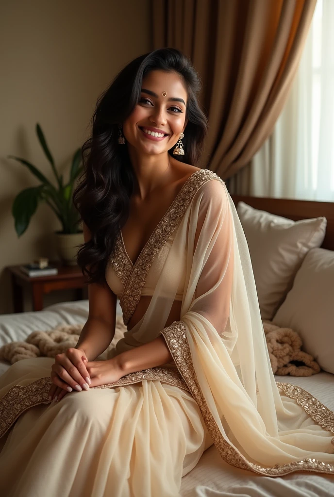 Perfect Indian sexy fittest wife with embroidered soft net saree, embroidered, HDR, 8k, hyper detailed, best quality, ultra-high resolution, HDR, 8k, sitting on the bed and pose for selfie , slut sleeping beside her look at viewer, bright smile, casual pose , average body with 36 D size breasts,26 hip size and 36 waist size