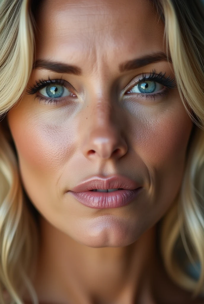 Gros plan de face du visage d'une fille blonde de 40 ans. On voit ses pores, elle n'est pas maquillée, son visage a des imperfections, quelques petites rides. Elle a des tâches, elle a des yeux bleus. Son regard est séducteur. Menton arrondie