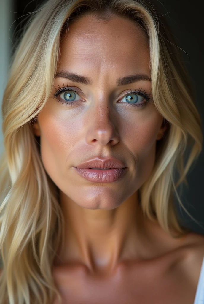 Gros plan de face du visage d'une fille blonde de 40 ans. On voit ses pores, elle n'est pas maquillée, son visage a des imperfections, quelques petites rides. Elle a des tâches, elle a des yeux bleus. Son regard est séducteur. Menton arrondie