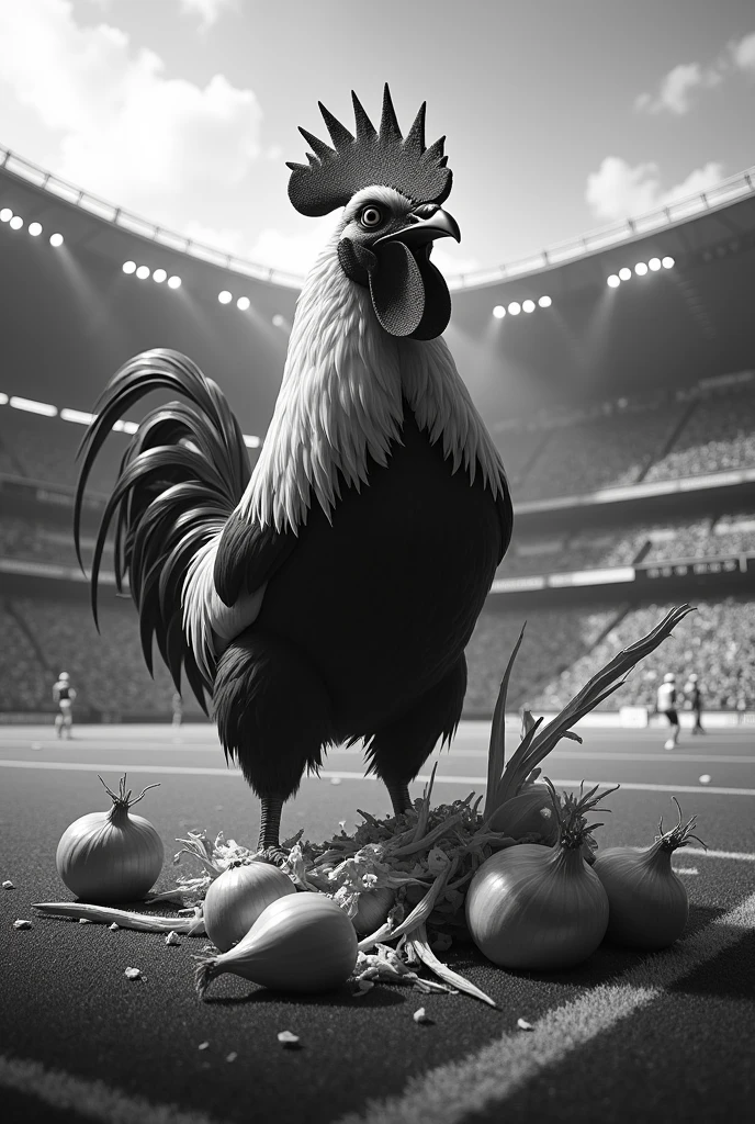 Angry black and white rooster destroying onions inside a football stadium.