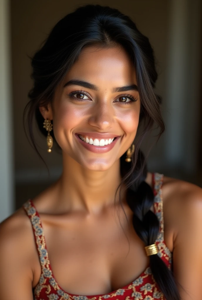 There is a young, Beautiful indian woman, who looks to the future like Katrina Kaif, Smiles into the camera, beautiful teeth, She looks into the camera, a portrait from raw photo, body, conservative modern color dress, ((hair business braided)),