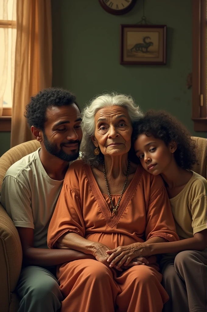 Old Ethiopian mom sitting on sofa with her son and doughter by her side