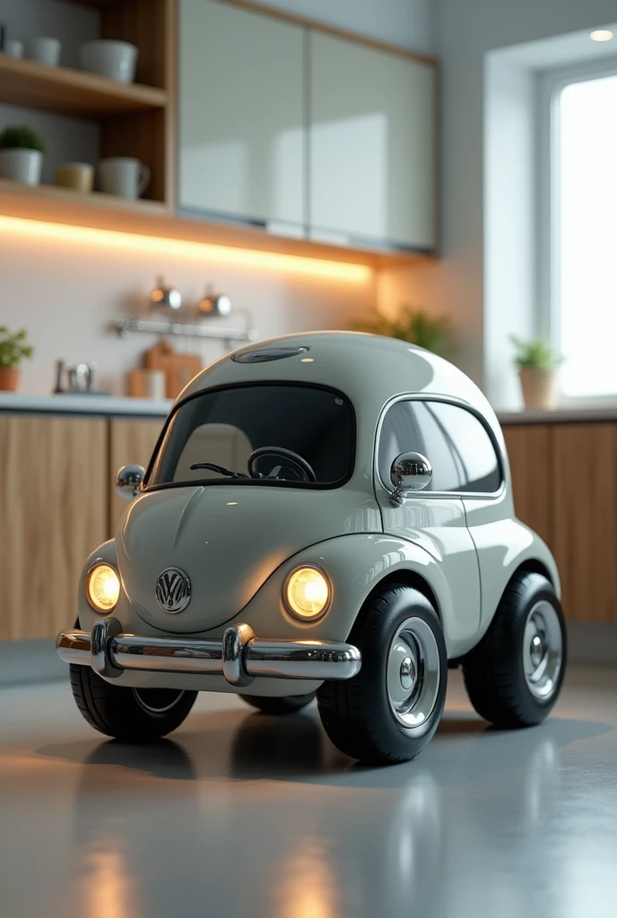 A microwave with car wheels windshield headlight and steering wheels