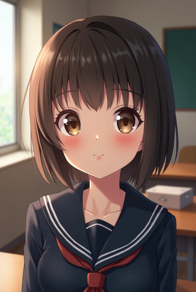 Highest quality, Face Focus, Soft Light, Ultra-high resolution, (Realistic:1.4), RAW Photos, 1 Japanese girl, alone, cute, (A shy smile:0.5), (Brown eyes, Light in your eyes), Beautiful face in every detail, (Small box),(High resolution detail of human skin texture), (Short Bob Hair), break, In the classroom,Navy uniform, Best, skirt