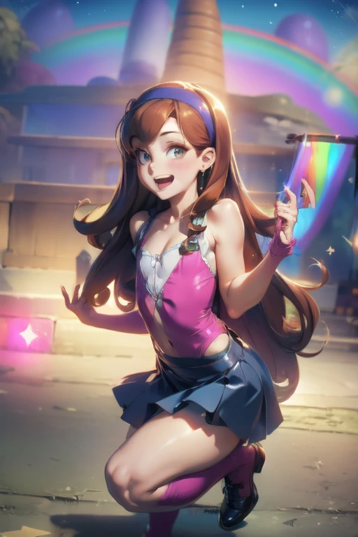 (Moderate:1.1), Make colors vibrate, Mabel Pines, , Brown Hair, Long Hair, hair band, Flat Chest, Beautiful attention to detail, Beautiful lip detail, smile, Braces, Open your mouth, sweet, skirt, shoes, Star pattern, Outdoor, Gravity Falls Set, rainbow, performer, Glitter，