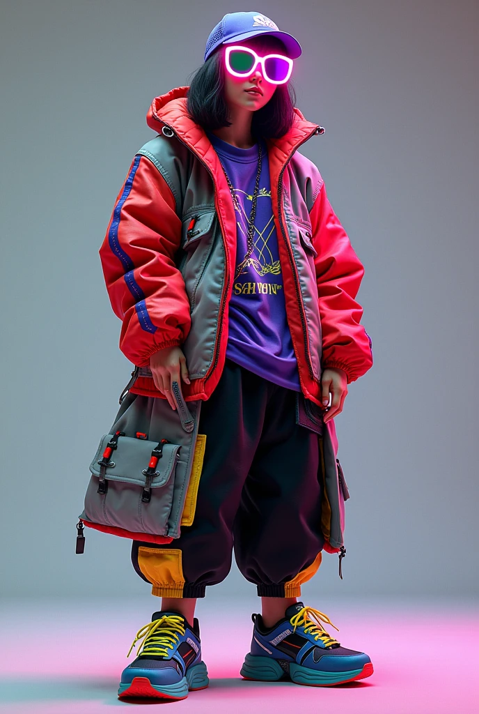 Personnage avec des lunettes de discothèque des vêtements néo rouge est violet mélangé a du gris un pantalon neo noir est agenda mélangé a du jaune une casquette de badminton qui couvre s'est yeux des chaussures de disco avec des motifs neo bleu mélangé a le vert avec du agenda