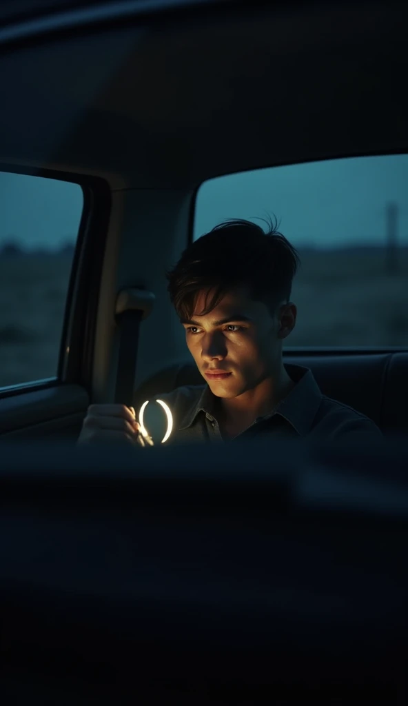 Man in his 20s, sitting in the car seat , front view ، It's pitch black, it's a deserted countryside. holding car mirror