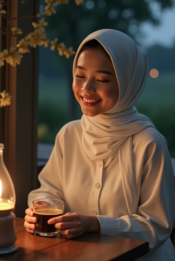 (photorealism:1.2),(Masterpiece),(Highlydetails) Create an image of a young Indonesian woman wearing a hijab and a white traditional dress. She is Smile , She is holding a glass coffe, With table lamp with a burning candle inside, casting a warm glow on her face. The background lanscape is dimly lit, suggesting an evening or night setting, with soft, ambient light highlighting her gentle smile and serene expression." Ultra HD , Nature Shoot, real Photografy