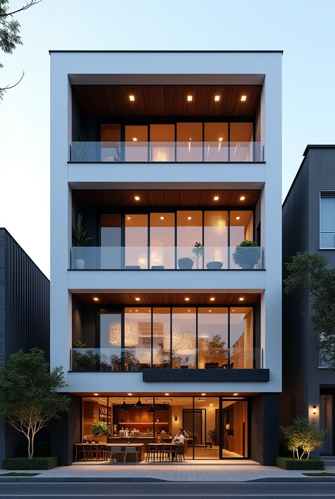 Restuarant facade residential, a view of contemporary 6th floors residential facade with larg window , main material by glossy white wall and black stone and wood, RAW photo, real, best quality, masterpiece:1.2), look morden minimal, shime ring light, light brighteness from indoor:1.2, dynamic lighting: 1.3, (hyper realistic, photo-realistic:1.2), high quality, day lighht, hight contrast :0.5 perfect lighting, archdaily, award winning parametric, masterpiece, well-designed masterpiece,