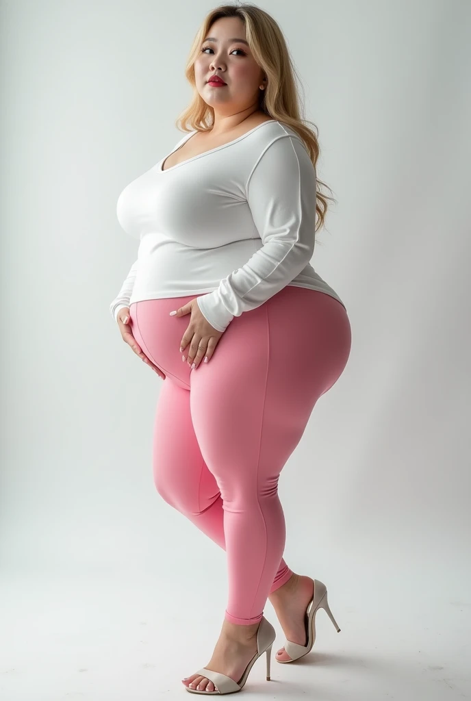 A sexy korean woman, long flowy blonde hair, glossy lips, plump body, long legs, heavy breasts, giant breasts, huge breasts, massive breasts, juicy breasts, succulent breasts, enormous breasts, braless, wearing casual white tight shirt with rounded-neck jersey short-sleeve, pink legging pants, high heels, stilettos, full body, standing on the floor, detailed body, at photo studio, white backdrop, dynamic light, 8K, masterpiece, ultra detailed, professional studio lighting.