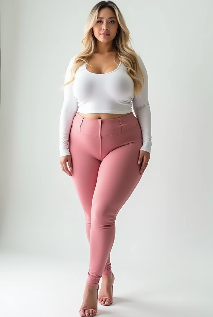 A sexy korean woman, long flowy blonde hair, glossy lips, plump body, long legs, heavy breasts, giant breasts, huge breasts, massive breasts, juicy breasts, succulent breasts, enormous breasts, braless, wearing casual white tight shirt with rounded-neck jersey short-sleeve, pink legging pants, high heels, stilettos, full body, standing on the floor, detailed body, at photo studio, white backdrop, dynamic light, 8K, masterpiece, ultra detailed, professional studio lighting.