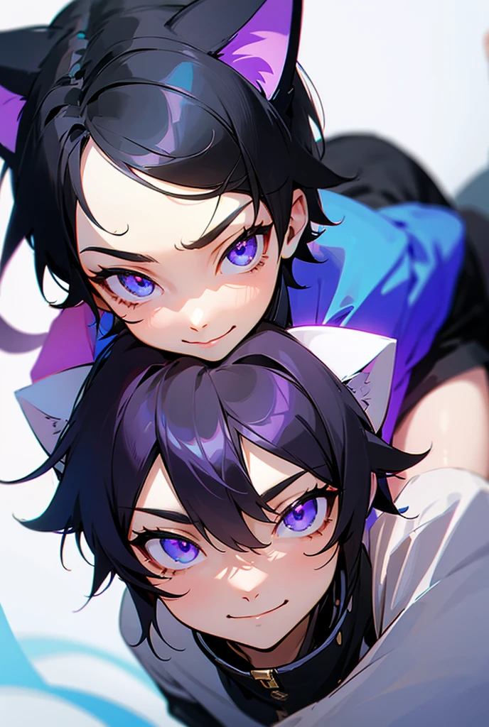 Boy cute Cat Ears, Black Hair, Smile, Blue eyes, Purple Eyes,
