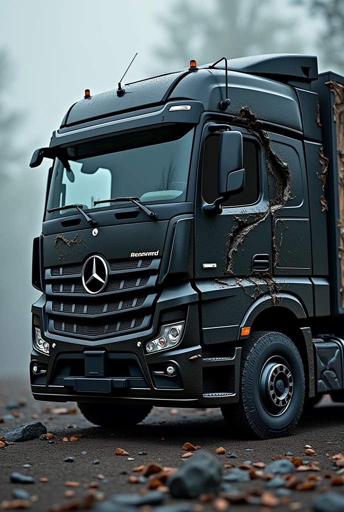 Black Mercedes truck with destroyed side and a dangerous dragon look
