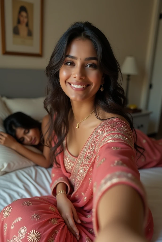 Perfect Indian sexy fittest wife with embroidered soft net saree, embroidered, HDR, 8k, hyper detailed, best quality, ultra-high resolution, HDR, 8k, sitting on the bed and taking selfie , a woman sleeping beside her look at viewer, waist level view, bright smile, casual pose , average body with 36 D size breasts,26 hip size and 36 waist size