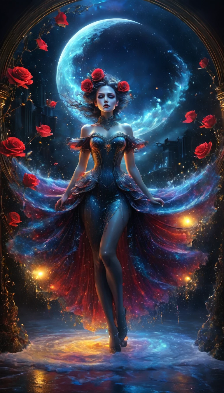 beautiful body, octane render, cinematic, ultra-high-detail, cinematic, 32k, process colors, winter, snowfall, luminous, detailed oil painting by Dorian Vallejo, Damian Lehoshest, Todd Lockwood, cgsociety, storybook illustration, scary scary face, highly detailed skin, intricately ornate, filigree detailed glowing unusual gentle fog, drops of color, very large moon, moonlight, stars, night. detailed sky with clouds, highly detailed, intricate, intricate pose, oil painting, thick strokes, masterpiece, high quality, Van Gogh starry sky, centered, perfect composition, Red rose, velvet red petals, water drops on petals, carved petals, luminous flower, light good fairy, spectacular lighting, glitter, sun rays. smoke, glitter, stained glass, sci-fi, complex art masterpiece, sinister, matte film poster, golden ratio, trending on cgsociety, complex, epic, trending on artstation, by artgerm, H. R. Giger and Beksinsky, highly detailed, vivid, cinematic character drawing, super high quality model