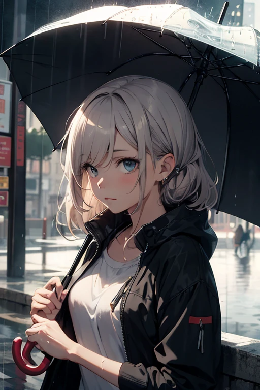 ((best quality)), ((masterpiece)), (detailed), 1girl, cool rainy shelooks sad hold an umbrella