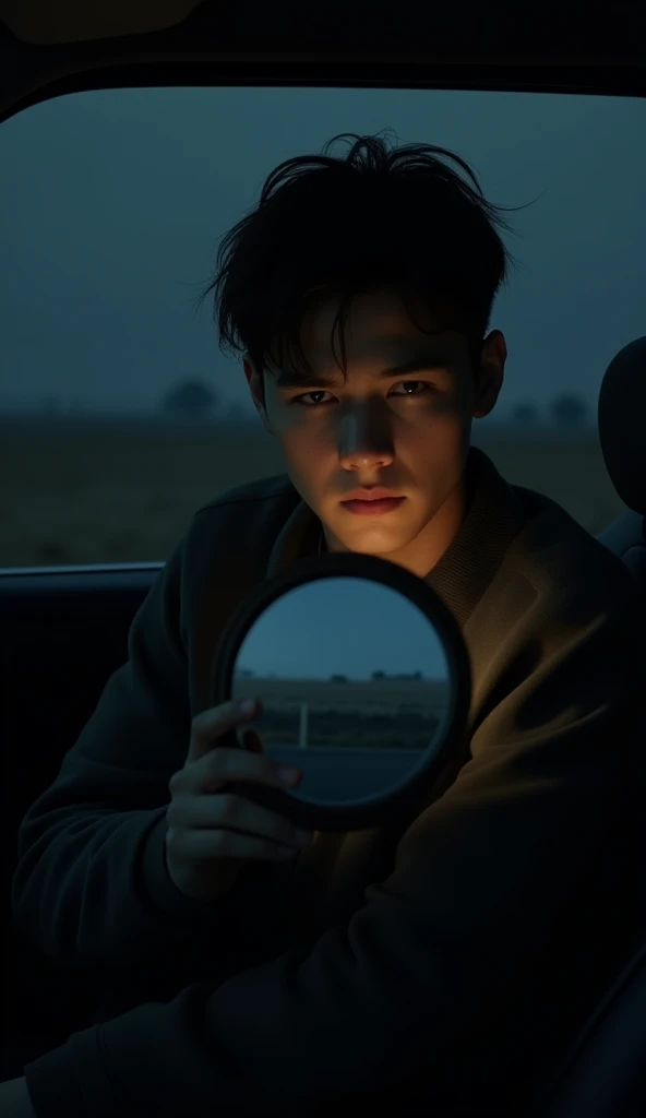 Man in his 20s, sitting in the car seat , front view ، It's pitch black, it's a deserted countryside. holding car mirror