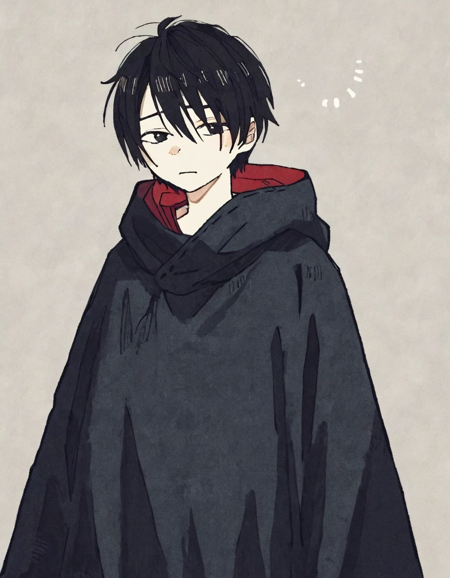 by tsvbvra, 1 boy, solo, , 1 boy, solo, , 1 boy, solo, simple background, black hair ,simple background, simple background,  be smirked, heavy bangs, bangs,  black poncho,   black poncho, black poncho, black poncho, eyes half-opene ,looking sleepy, eyes half-opene ,looking sleepy, eyes half-opene, eyes half-opene, eyes half-opene, eyes half-opene, eyes half-opene, eyes half-opene, eyes half-opene, eyes half-opene、Photo from a far