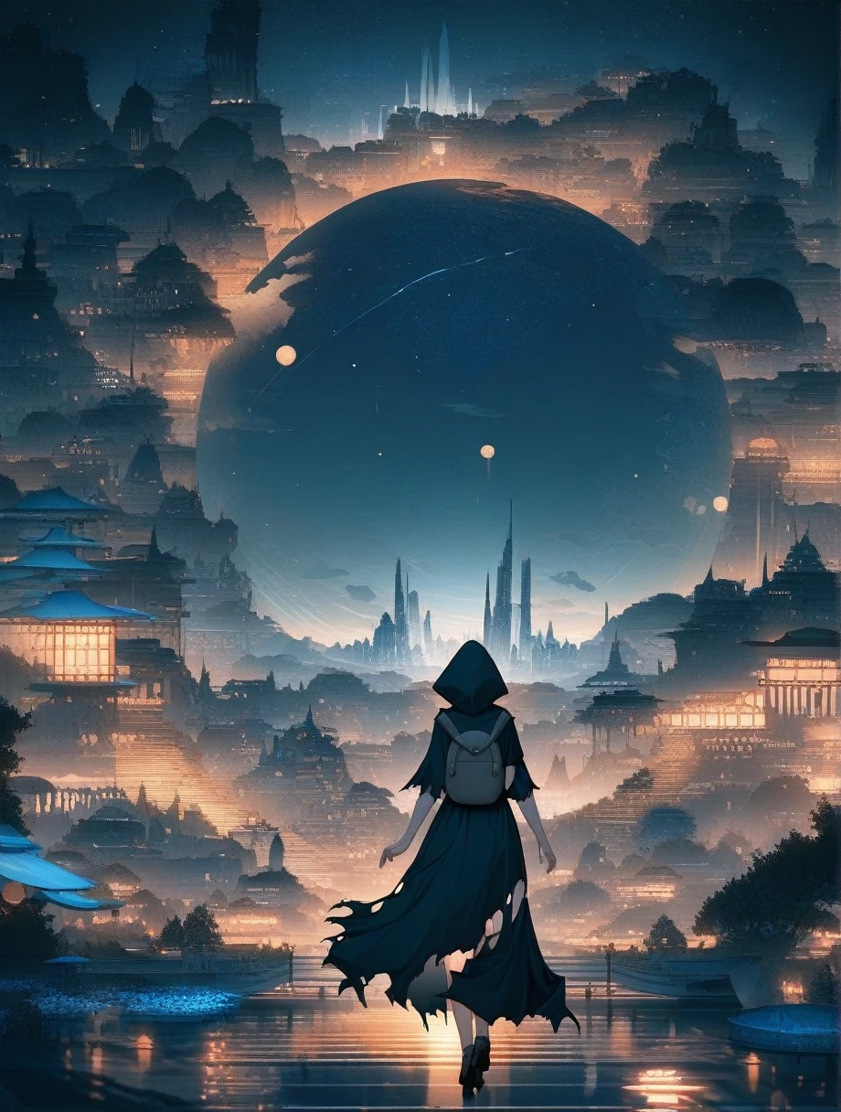 score_9, score_8_wonderful, score_7_wonderful, score_anime, masterpiece, Highest quality, Delicate illustrations, Sharp lines, Sharp focus, break, a traveling girl wandering in the endless night world, The girl is wearing a hood、There are a lot of things in the backpack。, night , wonderful風景, Beautiful views, Harmony with Nature, wonderful景色, Space City, (((Torn clothes))), (((Torn hood))),Long skirt,(((Torn Skirt)))