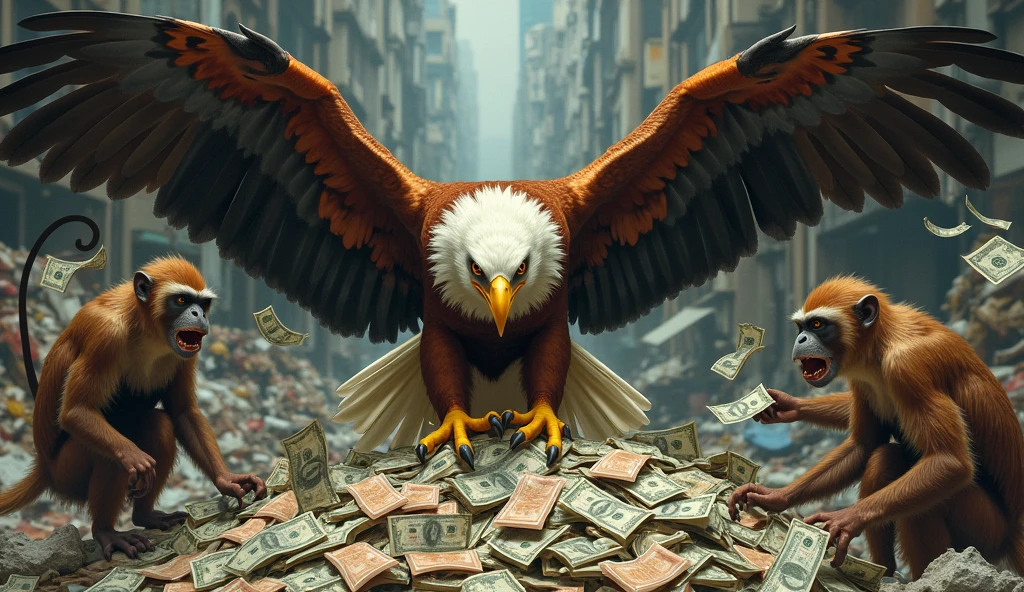 philippine eagle, eating money, surrounded with money, surrounded with monkey, garbage background,