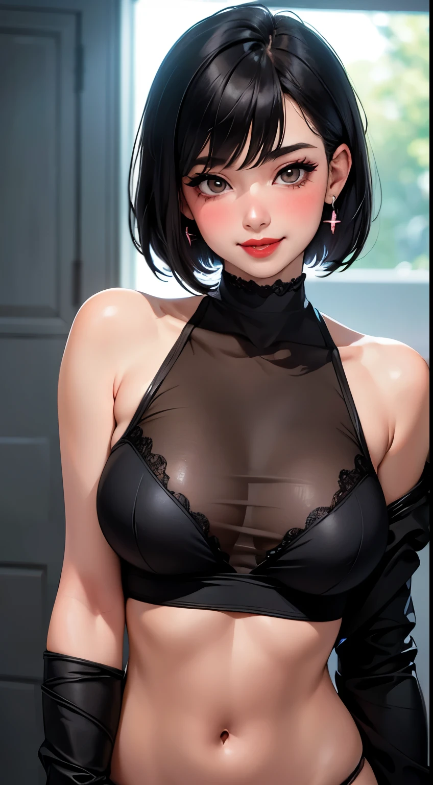 1girl, Solo, High Resolution, Looking at viewer, Blush, Smile, Short Hair, Bangs, Black Hair, Earrings, Parted Lips, Depth Of Field, Masterpiece, Anatomically Correct, Textured Skin, Super Detailed, Hair Over One Eye, Breasts, Makeup, Nose Blush, Happy, Light Smile, Heavy Breathing, Light Blush, Smirk, Full-face Blush, Pout, Raised Eyebrows, Red Lips, Seductive Smile