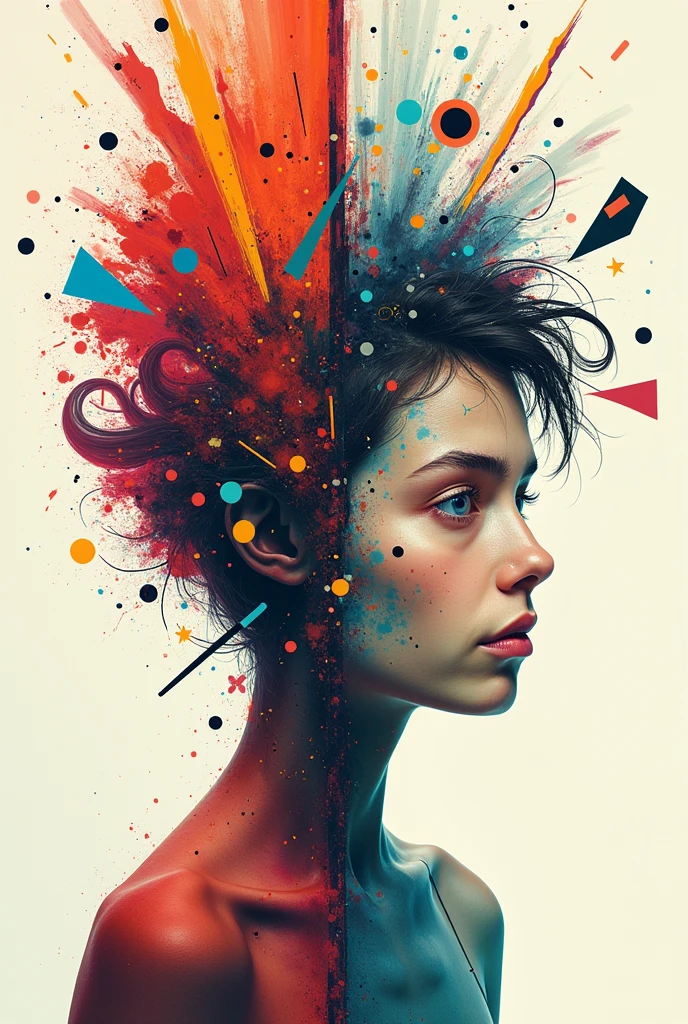 Create a photo where i can show my two sides my chaotic yet fun side, and organised yet boring or dullside.
I wan you to use abstract approach. Use vibrant colors on the fun side and dull or cold color on the other side