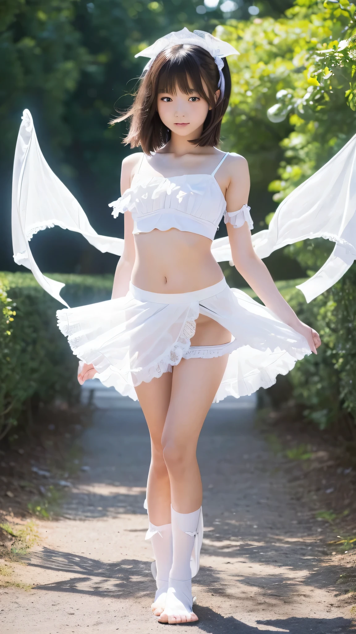 Perfect body,(1人のPerfect body),(Japanese 6th grade girl),(Magical girl:1.5),(Open-legged position),(I can see your shoulders:1.5),(Open leg posture:1.5),(8k images),(Vertical slits in white panties:1.5),(Frilly Fashion),(high resolution)