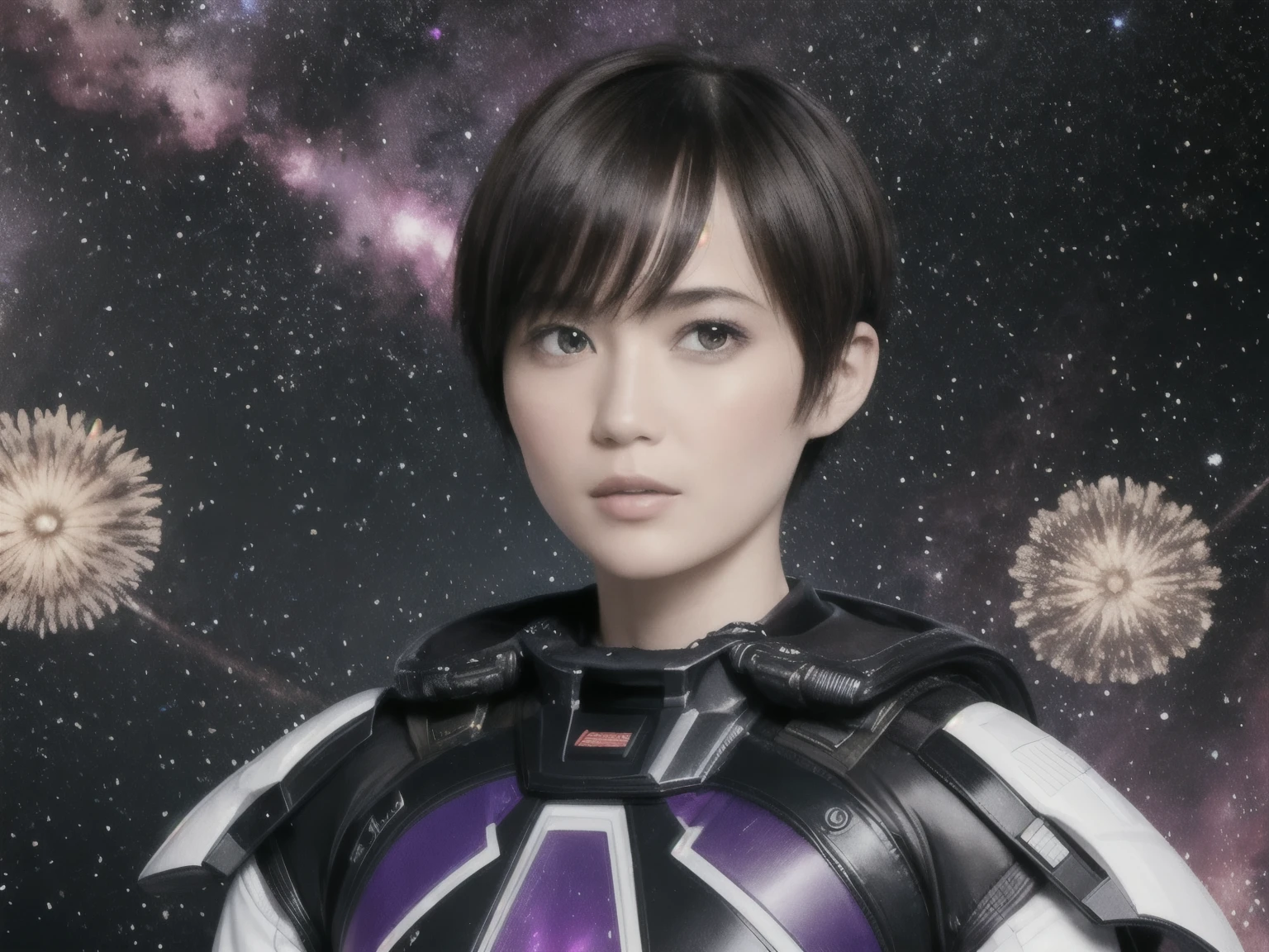 278 (20-year-old woman,short hair) , flower, Futuristic clothing, machinery suit, (The background is a galaxy and nebula)