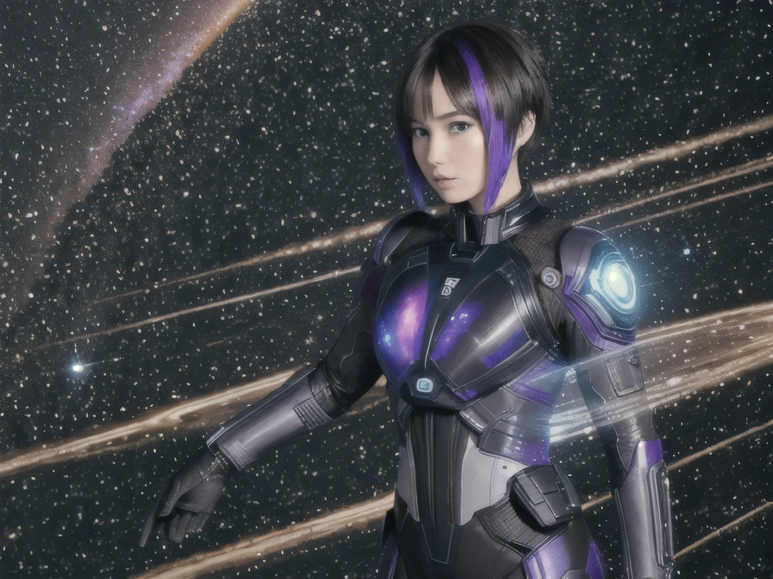 278 (20-year-old woman,short hair) , flower, Futuristic clothing, machinery suit, (The background is a galaxy and nebula)