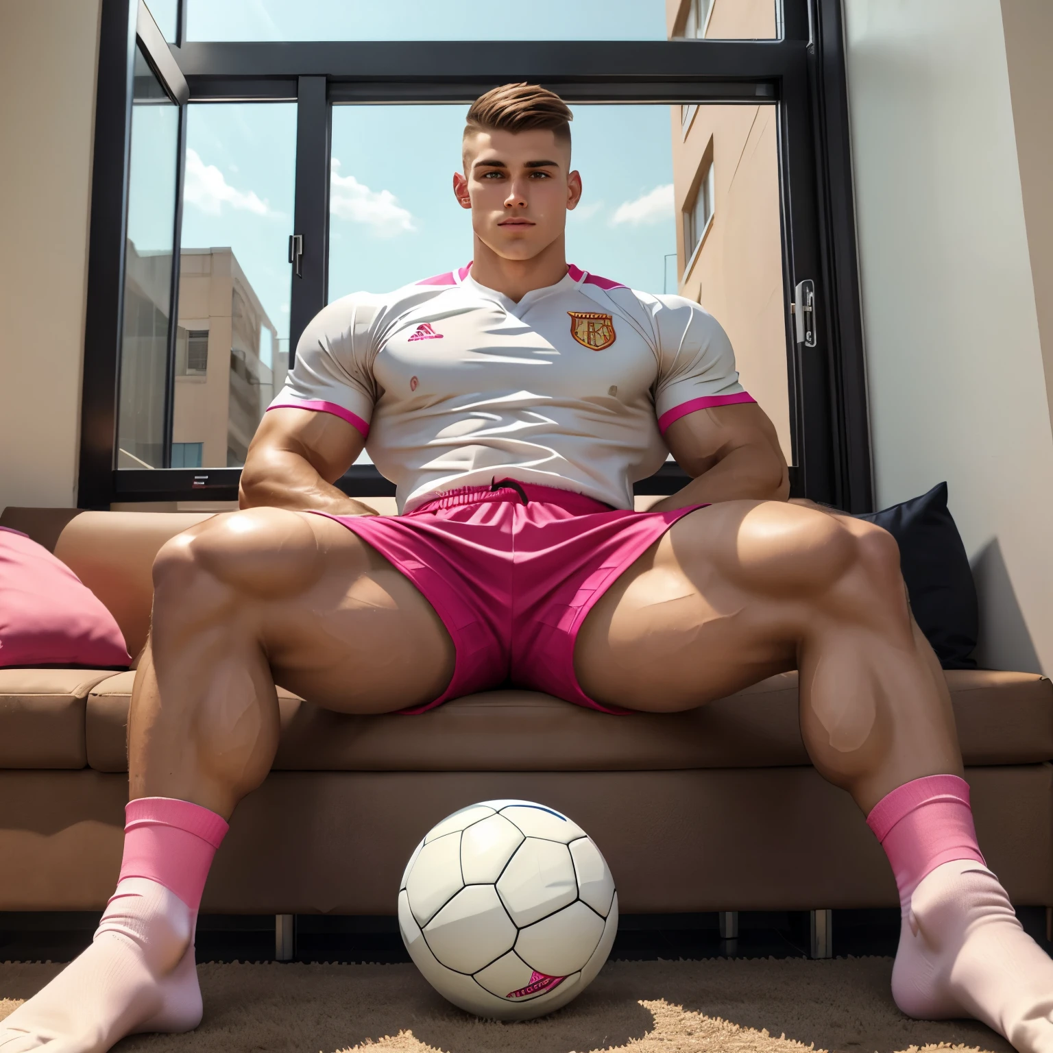 full body one young white boy with light-brown clean shaved undercut haircut, wearing pink soccer shorts and pink 'Messi' jersey, long soccer black high socks, no shoes, He is sitting on a black stool in his room where there is a beige leather sofa with cushions, we can see through the window, outside, a basketball hoop in a courtyard. His long black soccer socks must be seen