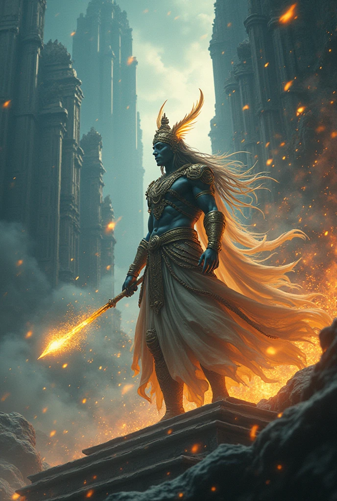 The avatar Kalki in the end of the dark world fighting
in front of a temple in air with a powerful weapon