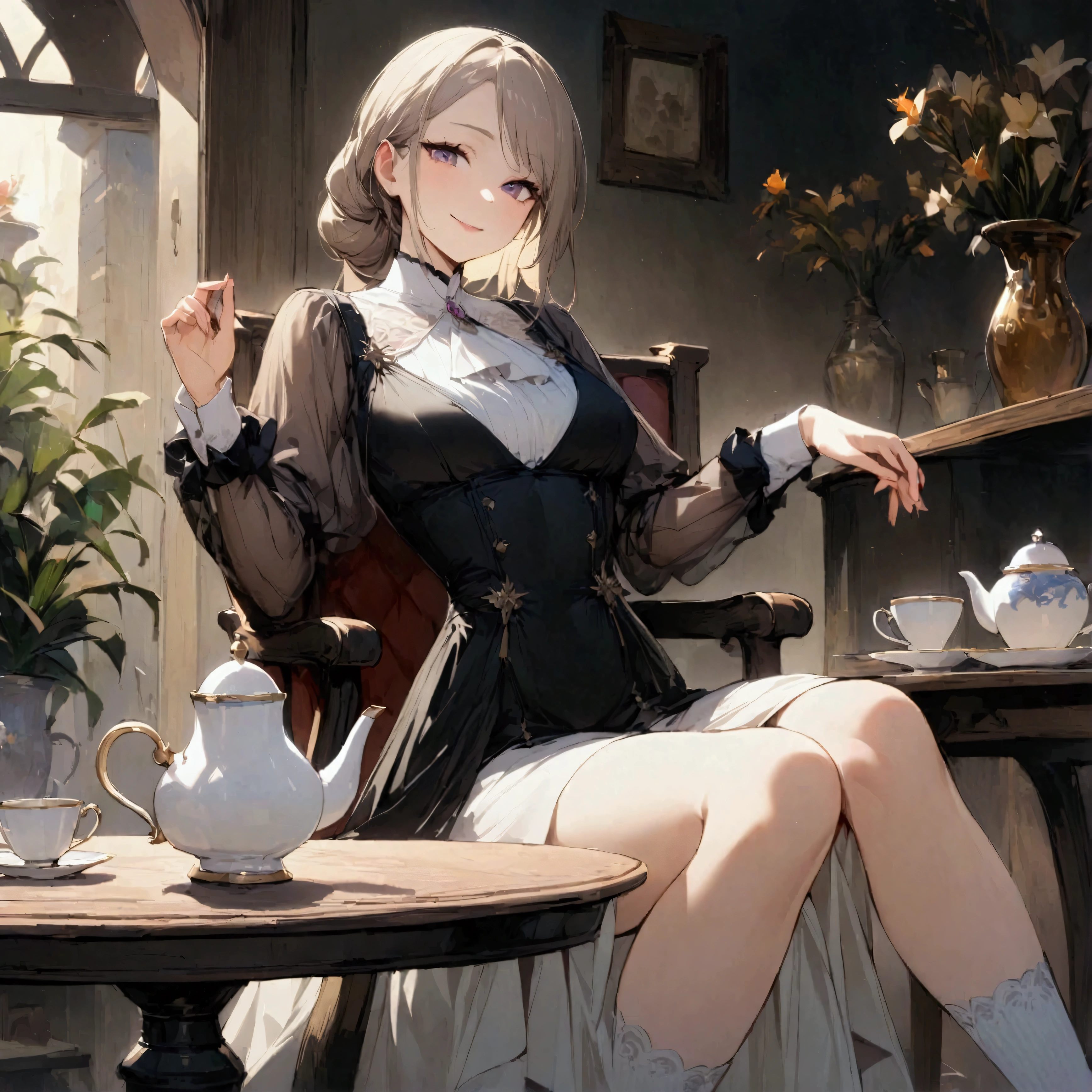 1girl ,{{　A woman spending tea time in elegance　}},Tall woman, Dynamic composition,{{Very Aesthetic}},{{masterpiece}}, {{{Highest quality}}},{{Very detailed}},slim body Blouse, miniskirt, see-through high socks, sitting on a chair, open terrace,hand,table ,ceramic teapot on the table ,ceramic teacups on the table,looking at viewer,smile small and kindly,Close-up of teacup