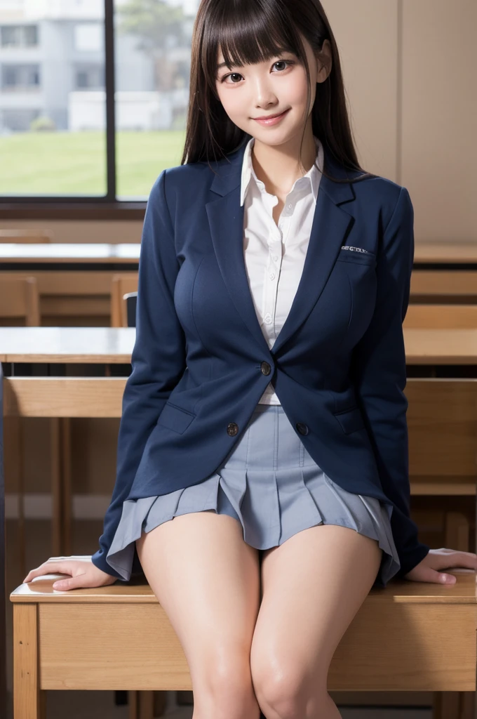 bangs,(Large Breasts:1.2),(Highest quality,masterpiece:1.2),one person,one person,alone,Fair skin,8k,Ultra-high resolution,Super detailed,Highest quality,Look down at the viewer,Perfect lighting,flat light,super high quality,Ultra-high resolution,masterpiece,Realistic,Detailed face,Perfect Anatomy,School,school uniform、Various gravure poses、Slender body、Young face、smile、Sweating、Flushed Cheeks、whole body、Please wear a perfect blazer school uniform.、Beautiful feet、Baby Face、round face、Please sit down for physical education