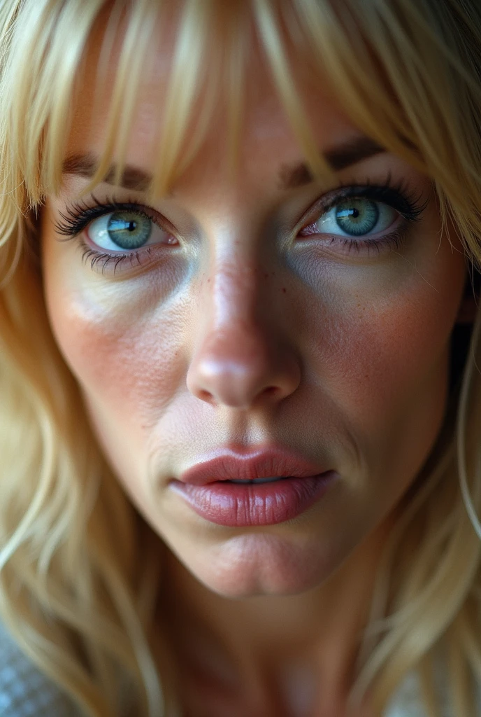 Gros plan de face du visage d'une fille blonde de 40 ans. Menton arrondie, elle a une frange. On voit ses pores, elle n'est pas maquillée, son visage a des imperfections, quelques petites rides. Elle a des tâches, elle a des yeux bleus. Son regard est séducteur. 