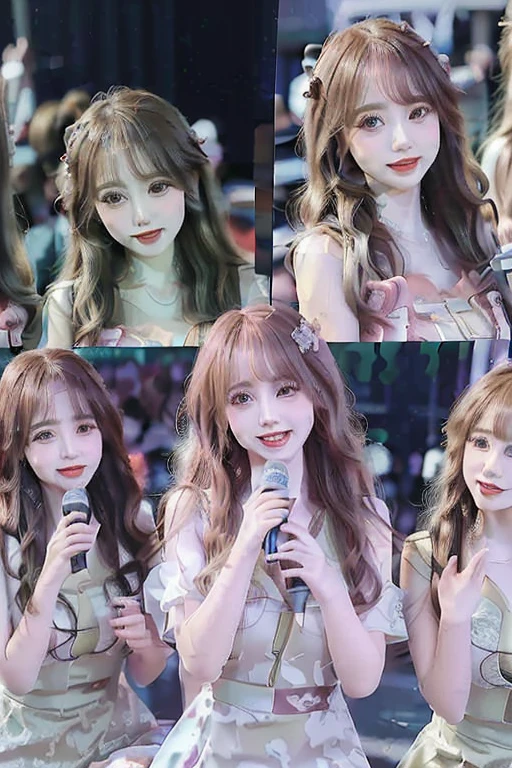 (((masterpiece　Highest quality　High resolution　Very delicate CG integrated wallpaper 8K Photorealistic　RAW Photo 8k　Super beautiful graphics　Surreal　Ultra-Real)))Beautiful girl from an idol group(((Five Girls　All five have different faces　Five people have different hairstyles　All five have the same hair color　Cute Dress　dresses of various colors　Cute design)))Singing with a microphone(((All smiles　dancing　Singing on stage　Spotlight)))