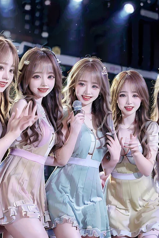 (((masterpiece　Highest quality　High resolution　Very delicate CG integrated wallpaper 8K Photorealistic　RAW Photo 8k　Super beautiful graphics　Surreal　Ultra-Real)))Beautiful girl from an idol group(((Five Girls　All five have different faces　Five people have different hairstyles　All five have the same hair color　Cute Dress　dresses of various colors　Cute design)))Singing with a microphone(((All smiles　dancing　Singing on stage　Spotlight)))