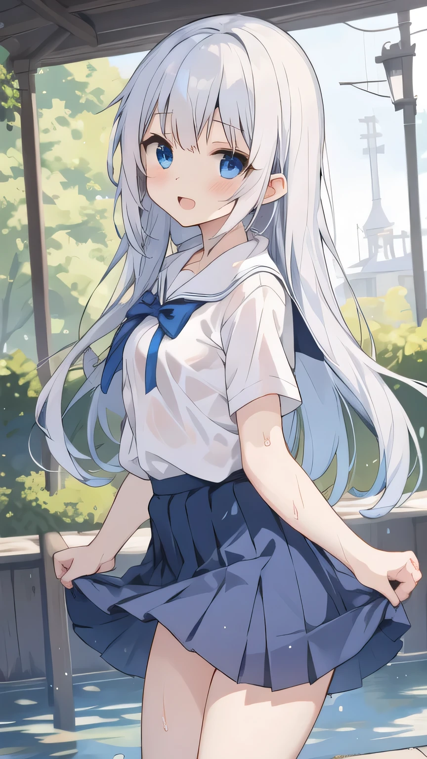cute girl, anime, silver hair, straight hair, Blue eyes, cowboy shot, (orgasm:1.1), (young:1.4), small bust, (cute:1.1), blue hair ribbon, (ローアングル:1.3), open leg, spread leg, standing, white school uniform, (dark blue skirt:1.1), (sheer bra:0.9), (sheer pantie:0.9), outdoor, standing, (M-shaped spread legs:1.1), school, wet, 