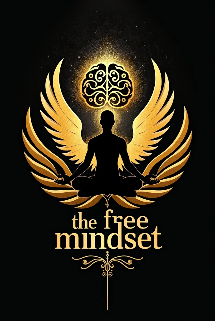 Créez une photo de profil pour TikTok nommé "The Free Mindset" qui inspire luxe, confiance, et réussite. Utilisez une icône sophistiquée, comme un cerveau stylisé en or ou une silhouette méditative entourée d'ailes dorées. Optez pour des couleurs élégantes comme le noir, or, et blanc. Intégrez le texte "The Free Mindset" en typographie moderne et raffinée, évoquant à la fois l'élégance, le succès, et la confiance.
