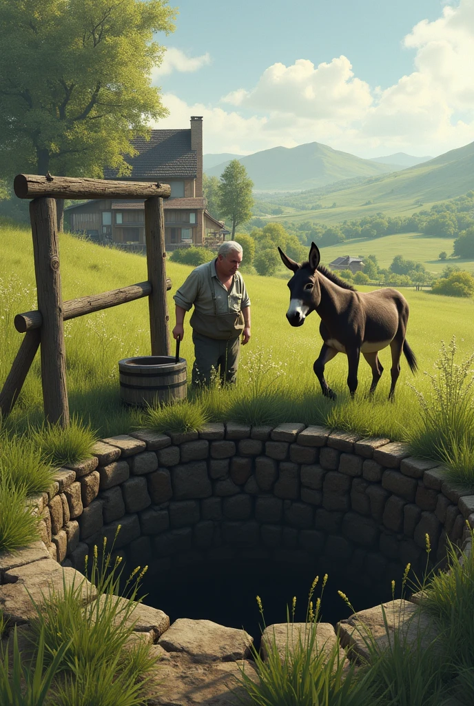 Describe a serene countryside where a farmer lives with his donkey. Imagine a quiet day until an unexpected accident occurs—how does the donkey end up falling into a deep, dark well?"