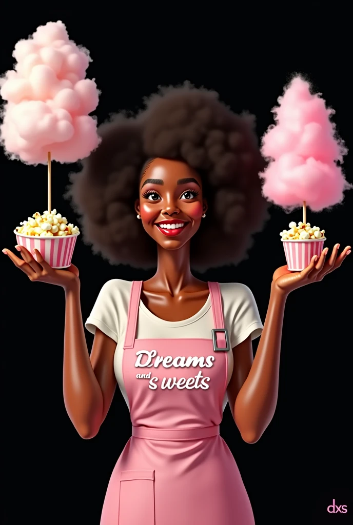 On the black apron, dreams and sweets are written at the bottom and in the middle, a drawing of an African woman holding cotton candy and popcorn, at the bottom, the words DXS